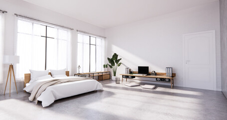 Bedroom interior loft style with Computer and office tool on desk. 3D rendering