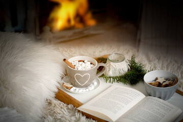 cocoa, hot chocolate, book, cosy in the wintertime - 379935223