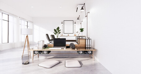 Bedroom interior loft style with Computer and office tool on desk. 3D rendering
