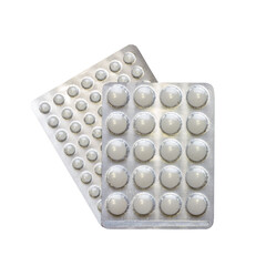 blisters with white tablets close up top view isolated on a white background