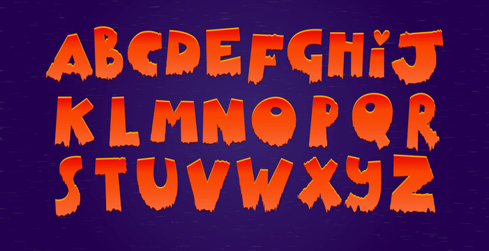 Bloody vampire alphabet. Vector font, latin letters in red color dripping liquid. Funny children s type for Halloween, design of terrible parties with monsters, crime.
