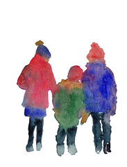Children friends siblings walking in winter, painted in watercolors, wet in wet