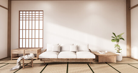 Fototapeta na wymiar Sofa and partition japanese on room tropical interior with tatami mat floor and white wall.3D rendering