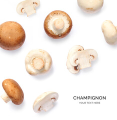Creative layout made of champignon on the white background. Flat lay. Food concept.
