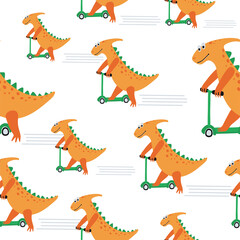 Obraz premium Funny seamless pattern with dinosaurs on white background. Texture with trendy characters for the design of children's textiles, Wallpaper, packaging paper. vector illustration
