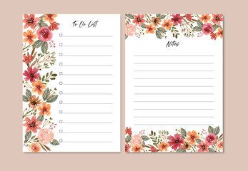 Fototapeta premium Warm Terracotta Rose Floral Watercolor Notes and To Do List