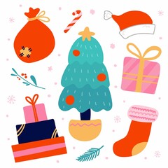 Christmas decor elements. Xmas fir tree, presents, gifts boxes Santa Claus bag and hat, flat cartoon isolated collection for postcards, banner poster party decoration