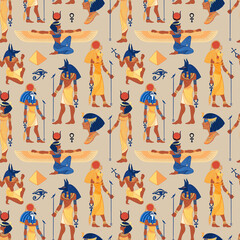 Ancient Egypt. Vintage seamless pattern with Egyptian gods and symbols. Retro hand drawn vector repeating illustration. Ra, Isis, Anubis, Sekhtmet, Cleopatra, pyramid.