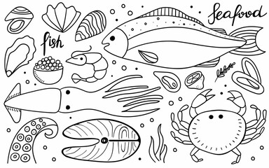 Seafood doodle set. Crab and shrimp, fish, oyster and octopus tentacles line hand drawn collection, ocean products for cafe restaurant menus goods packaging vector isolated objects