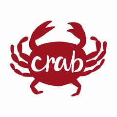 Obraz premium Crab silhouette with lettering. Hand drawn red underwater creature with text for cafe restaurant menus, goods packaging vector isolated illustration