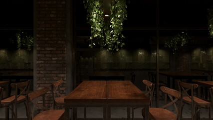 Empty Table and Chairs by the Window During the Nighttime 3D Rendering