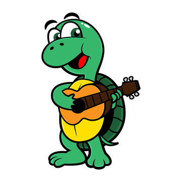 Funny Little Turtle playing Ukulele Guitars best for kids t-shirt design, Cartoon Vector