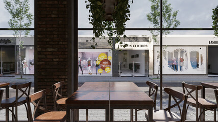 Outside View Through the Window of an Empty Restaurant in the Daytime 3D Rendering