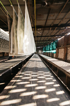 garment textiles hanging to dry after printing process jaipur india