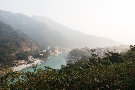 View of Rishikesh city along Ganges river bank india