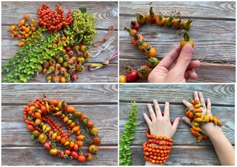 Collage of 4 photos, children's creativity, natural beads made of berries and rose hips. Children's craft.
