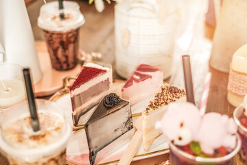 Cake still life with ice chocolate 