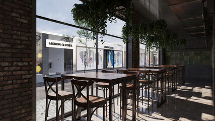 Empty Tables and Chairs by the Window Inside a Small Business in Natural Daylight 3D Rendering