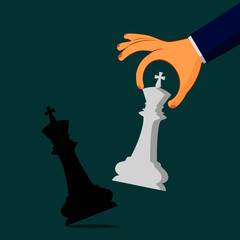 Strategist holding in hand chess figure white king. Victory in battle. Winning success