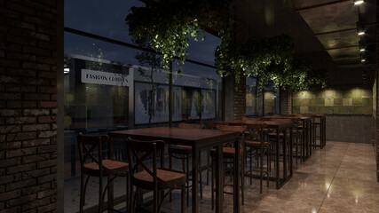 Fototapeta na wymiar Tables and Chairs by the Window Inside an Illuminated Restaurant During the Nighttime 3D Rendering