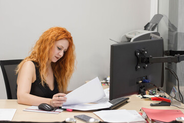 An administrative employee works in front of the computer. Team of young people on a working day in a farm administration office in Spain