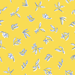 Retro ditsy floral all over pattern. Vintage kitchen folk art hand drawn floral design. Line art florals on cut out shape, vibrant yellow background. Elegant nature background. Perefect for kitchen
