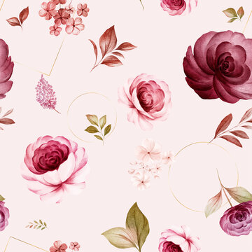 Floral seamless pattern of burgundy and peach watercolor roses and wild flowers arrangements on white background for fashion, print, textile, fabric, and card background