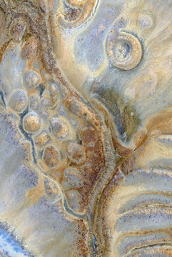 Closeup of details and textures impressed into ceramic cla