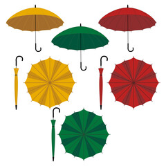 Vector set of umbrellas. Different type of umbrellas: open and closed cane. Flat vector yellow, green and red ambrella illustrationon on white background