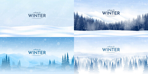 Vector illustration. Flat winter landscape. Simple snowy backgrounds. Snowdrifts.  Snowfall. Clear blue sky. Blizzard. Snowy weather. Winter season. Panoramic wallpapers. Set of backgrounds.