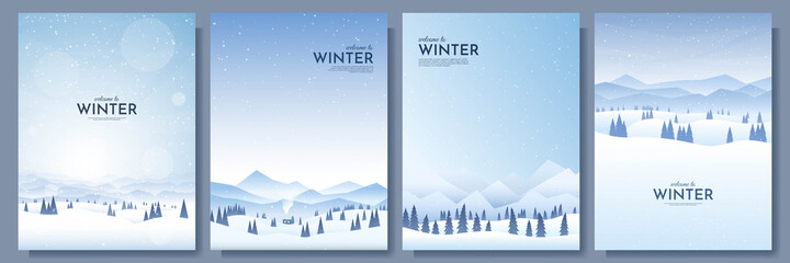 Vector illustration. Flat winter landscape. Snowy backgrounds. Snowdrifts. Snowfall. Clear blue sky. Blizzard. Snowy weather. Design elements for poster, book cover, brochure, magazine, flyer, booklet