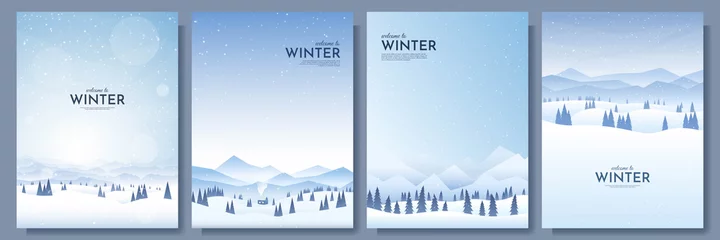 Deurstickers Vector illustration. Flat winter landscape. Snowy backgrounds. Snowdrifts. Snowfall. Clear blue sky. Blizzard. Snowy weather. Design elements for poster, book cover, brochure, magazine, flyer, booklet © VVadi4ka