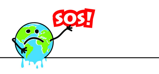 SOS CO2 Save the world. Stop global warning. No more plastic. planet, ocean pollution. Funny flat vector sign. Eco concept, plasic bag, bottle or packing. Drought, melting earth climate change concept