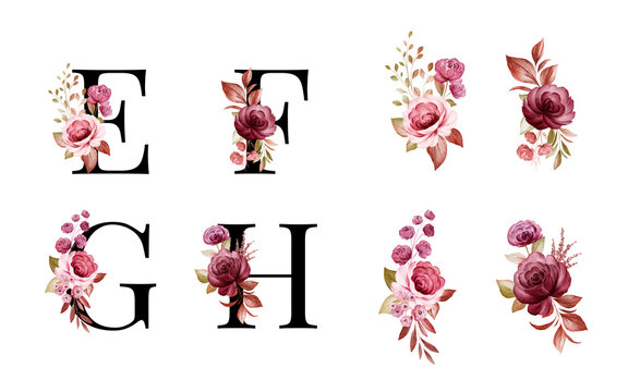 Watercolor floral alphabet set of E, F, G, H with red and brown flowers and leaves. Flowers composition for logo, cards, branding, etc