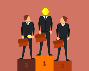 Career growth and success concept. Office workers, employees, businessmen in suits are standing on the podium, pedestal. One with a bulb instead of a head. Vector illustration.
