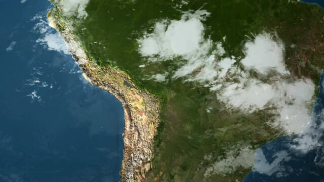 Zoom out of South America continent through clouds to see the Earth from space.