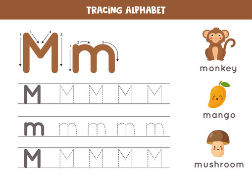 Tracing alphabet letter M with cute cartoon pictures.