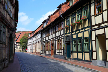 Fototapeta na wymiar Die Rittergasse mit Fachwerkhäusern in Stolberg. Stolberg, Sachsen-Anhalt, Deutschland, Europa