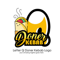 Letter Q Meat Doner Kebab Dishes Vector Logo Design Illustration Food on White Background for Turkish and Arabian Fast Food Restaurant and Cafe. Initial Typography Logotype Template
