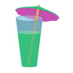 Green cocktail with hawaiian umbrella isolated on white. Drink in a glass. The umbrella is green above and violet below. Vector EPS10.