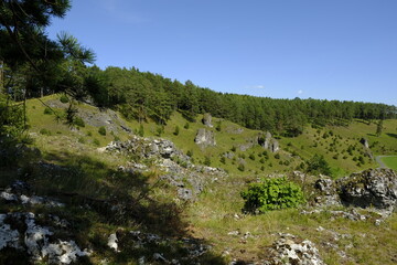 Landschaft und Felsenhänge im Kleinziegenfelder Tal, Fränkische Schweiz, Landkreis Lichtenfels,...