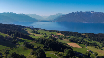Fototapeta na wymiar Geneva lake view, made by drone, mount pelerin near Lausanne, Vevey, vien on Montreux, summer in Switzerland, view of alps