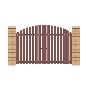 Wooden Driveway Gates. Wood door. Arch brick door. railing vector. Wall fence. House gate vector.