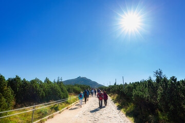 Tourists on the trail in the Karkonosze Mountains to the peak of Śnieżka 1603 m above sea level, Poland