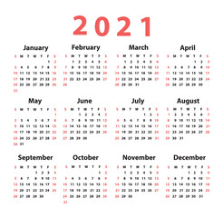 Calendar 2021 starting from Sunday. Vector