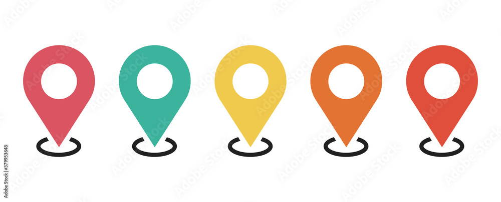 Poster colored set of map pointers. location symbol isolated on white background