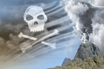 high volcano blast eruption at day time with white smoke on Pirate flag background, problems of eruption and volcanic earthquake concept - 3D illustration of nature