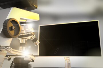 microbiology study concept, object 3D illustration -  lab electronic microscope and monitor with blank space for your content with flare on bokeh background