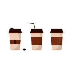This is a collection of paper cups with coffee isolated on a white background.