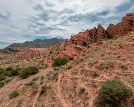 Red rocks of Chilik river valley with desert plants, Kazakhstan